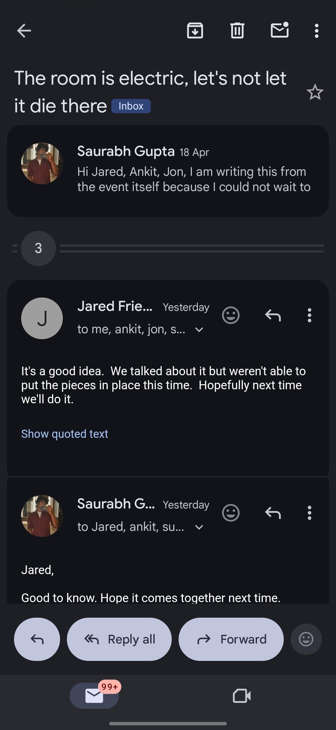 Email thread between Saurabh and Jared Friedman about building a post-event community