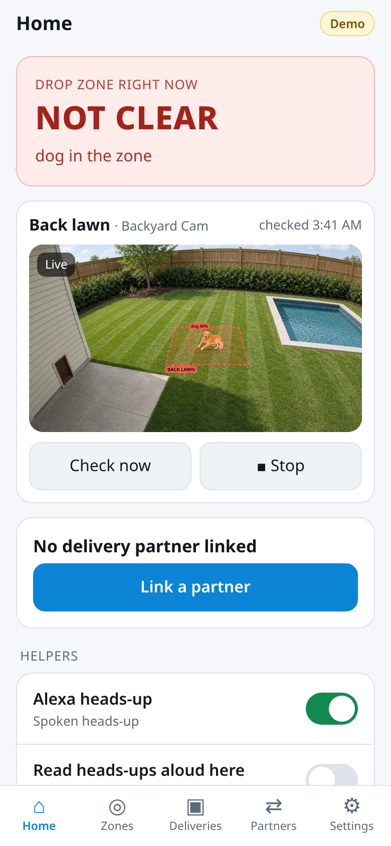 The DropZone app home screen: drop zone NOT CLEAR, dog in the zone, with the Backyard Cam live view.